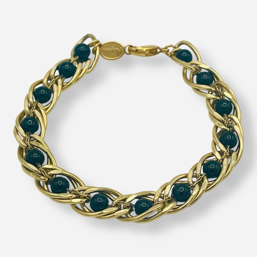 Vintage Napier Gold Tone‎ Black Ball Bead Bracelet Caged Beaded Faux Onyx